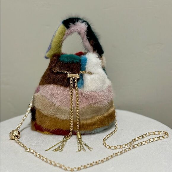 Handmade Color-block Genuine Mink Fur & Drawstring Bucket Bag Includes 2 Straps - Picture 1 of 16